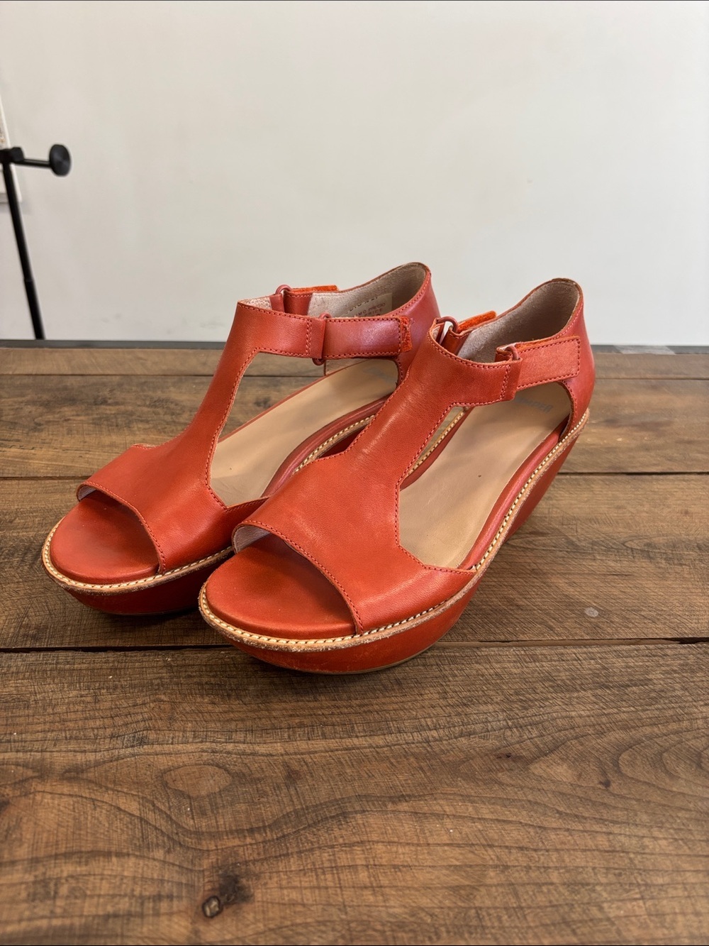 Camper Orange Leather T-Strap Wedge Sandals